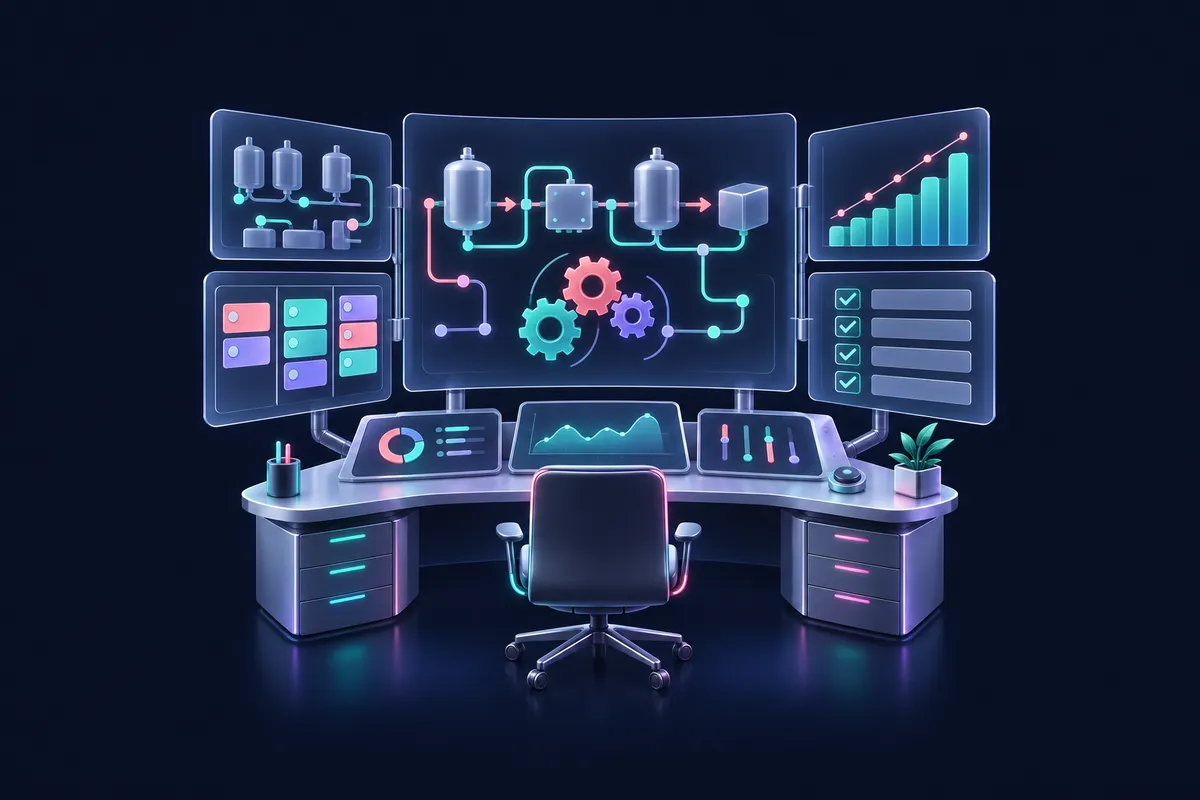 Isometric operations control desk with process maps and gears