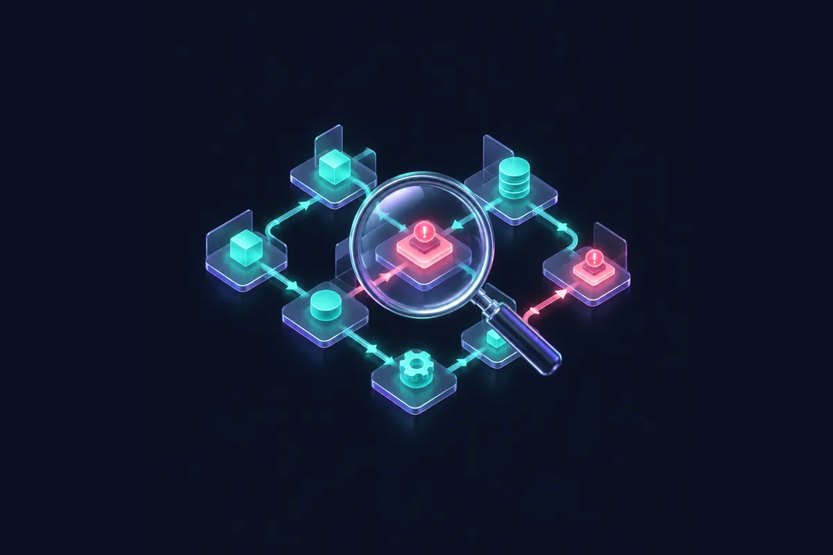 Magnifying lens over a process map highlighting bottlenecks